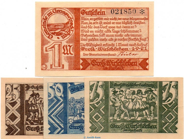 Notgeld Gemeinde Groß Wirschleben 486.1 , Set mit 4 Scheinen in kfr. von 1921 , Sachsen Anhalt Seriennotgeld