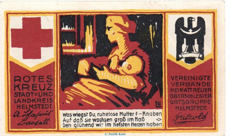 Notgeld Gemeinde Helmstedt 597.1 , 2 Mark Schein Rotes Kreuz in kfr. von 1921 , Niedersachsen Seriennotgeld