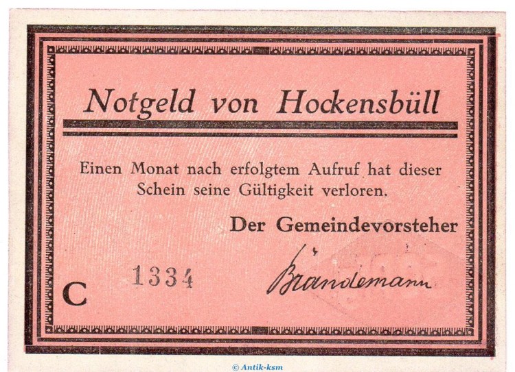 Notgeld Gemeinde Hockensbüll 614.1.a , 50 Pfennig -C- mit Kn. in kfr. o.D. Schleswig Holstein Seriennotgeld
