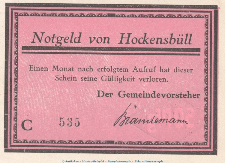 Notgeld Gemeinde Hockensbüll 614.2.a , 50 Pfennig C --Mit Kn-- in kfr. o.D. Schleswig Holstein Seriennotgeld