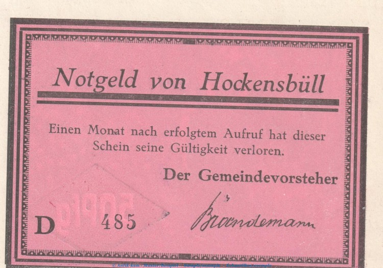 Notgeld Gemeinde Hockensbüll 614.2.a , 50 Pfennig D --Mit Kn-- in kfr. o.D. Schleswig Holstein Seriennotgeld