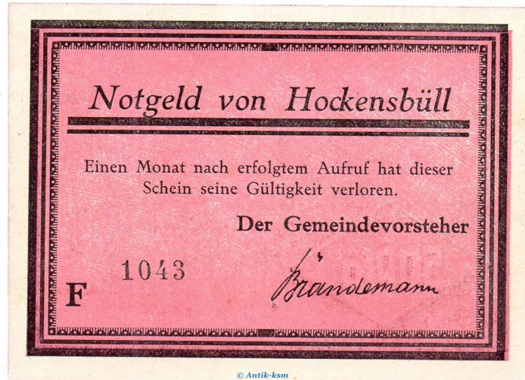 Notgeld Gemeinde Hockensbüll 614.2.a , 50 Pfennig viol. -F- mit Kn. in kfr. o.D. Schleswig Holstein Seriennotgeld
