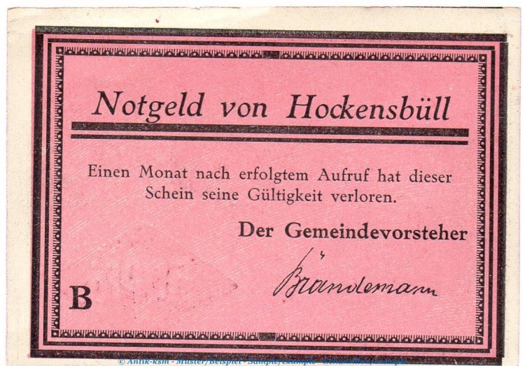 Notgeld Gemeinde Hockensbüll 614.2.b , 50 Pfennig Schein B -violettrosa- in kfr. o.D. Schleswig Holstein Seriennotgeld