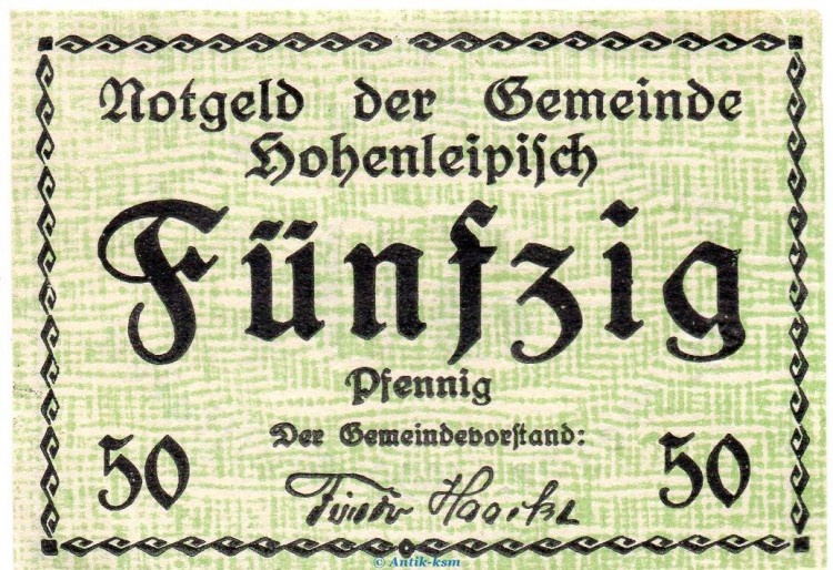 Notgeld Gemeinde Hohenleipisch 3080.05.07 , 50 Pfennig Schein in kfr. o.D. Brandenburg Verkehrsausgabe