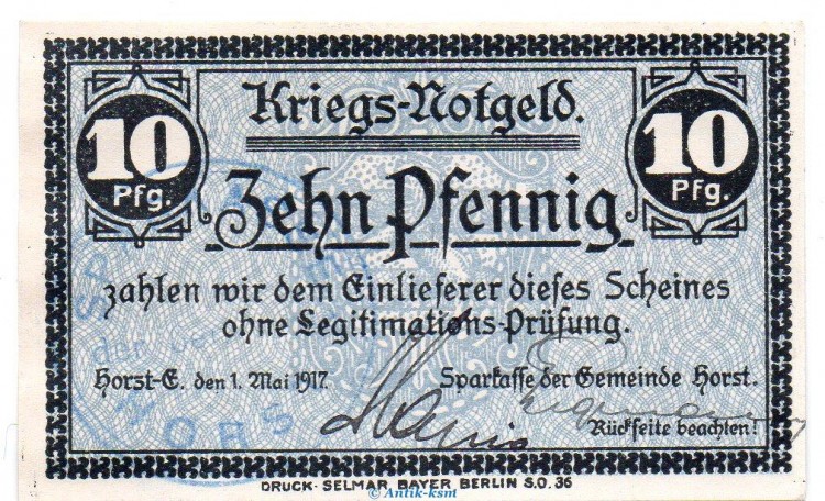 Notgeld Gemeinde Horst-Emscher 3150.05.01 , 10 Pfennig Schein in kfr. von 1917 Westfalen Verkehrsausgabe