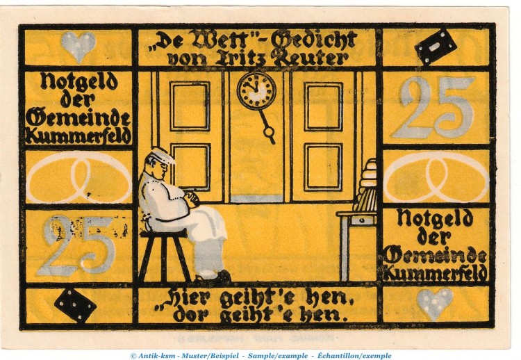 Notgeld Gemeinde Kummerfeld 749.4.a , 25 Pfennig Schein Nr.1 in kfr. o.D. Schleswig Holstein Seriennotgeld