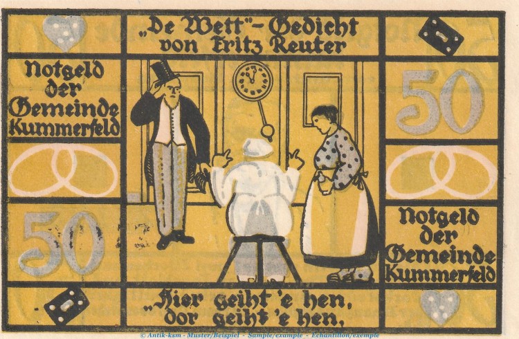 Notgeld Gemeinde Kummerfeld 749.4.a , 50 Pfennig Schein Nr.1 in kfr. o.D. Schleswig Holstein Seriennotgeld