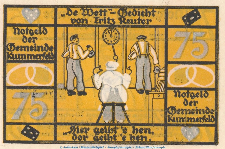 Notgeld Gemeinde Kummerfeld 749.4.a , 75 Pfennig Schein Nr.2 in kfr. o.D. Schleswig Holstein Seriennotgeldc