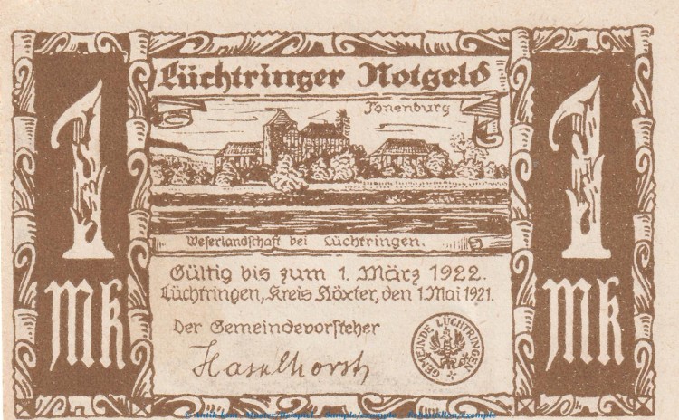 Notgeld Gemeinde Lüchtringen 836.1 , 1 Mark Schein -braun- in kfr. von 1921 , Westfalen Seriennotgeld