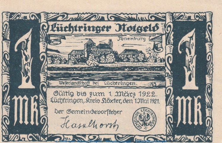 Notgeld Gemeinde Lüchtringen 836.2 , 1 Mark Schein -blau- in kfr. von 1921 , Westfalen Seriennotgeld