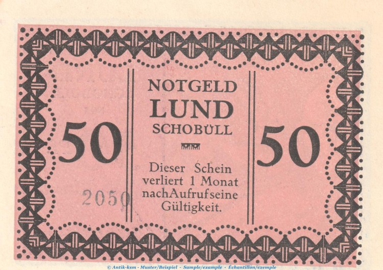 Notgeld Gemeinde Lund-Schobüll 844.1.a , 50 Pfennig -Mit Kennummer- in kfr. o.D. Schleswig Holstein Seriennotgeld