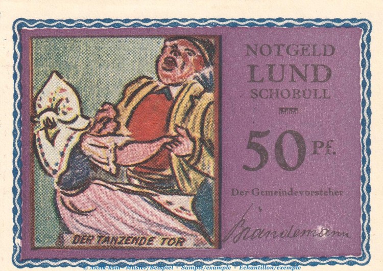 Notgeld Gemeinde Lund-Schobüll 844.2.a , 50 Pfennig -Mit Kennummer- in kfr. o.D. Schleswig Holstein Seriennotgeld