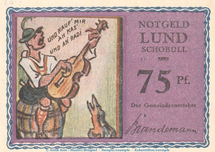 Notgeld Gemeinde Lund-Schobüll 844.2.a , 75 Pfennig -Mit Kennummer- in kfr. o.D. Schleswig Holstein Seriennotgeld