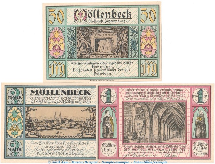 Notgeld Gemeinde Möllenbeck 893.1 , Set mit 3 Scheinen in kfr. von 1921 , Niedersachsen Serien Notgeld