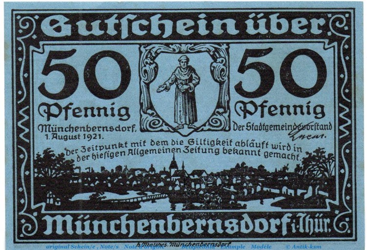 Notgeld Gemeinde Münchenbernsdorf 911.1 , 50 Pfennig Schein Nr 4 in kfr. von 1921 , Thüringen Seriennotgeld