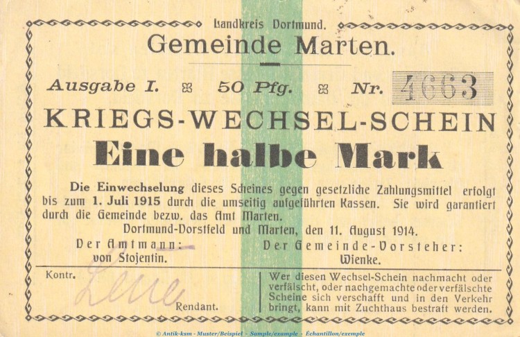 Notgeld Gemeinde Marten , 1 halbe Mark Schein in kfr. Dießner 223.1 von 1914 , Westfalen Notgeld 1914-15