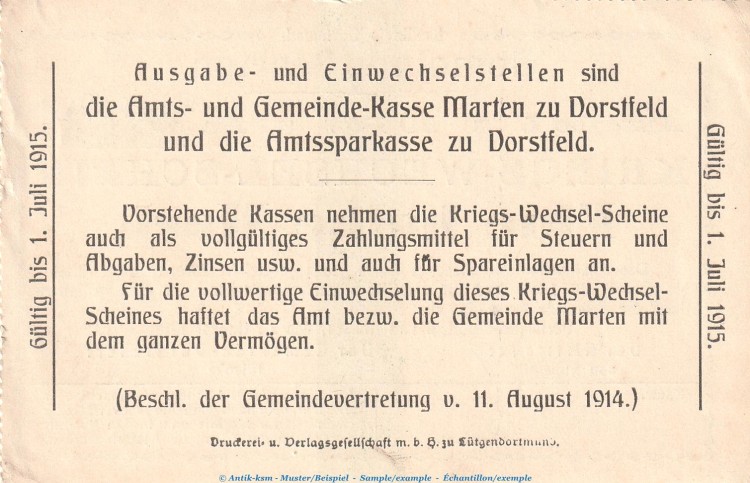 Notgeld Gemeinde Marten , 1 halbe Mark Schein in kfr. Dießner 223.1 von 1914 , Westfalen Notgeld 1914-15