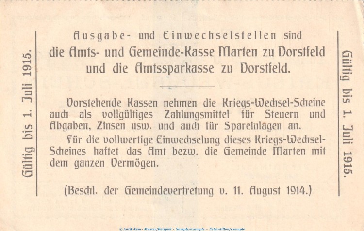 Notgeld Gemeinde Marten , 2 Mark Schein in kfr. Dießner 223.3.d von 1914 , Westfalen Notgeld 1914-15