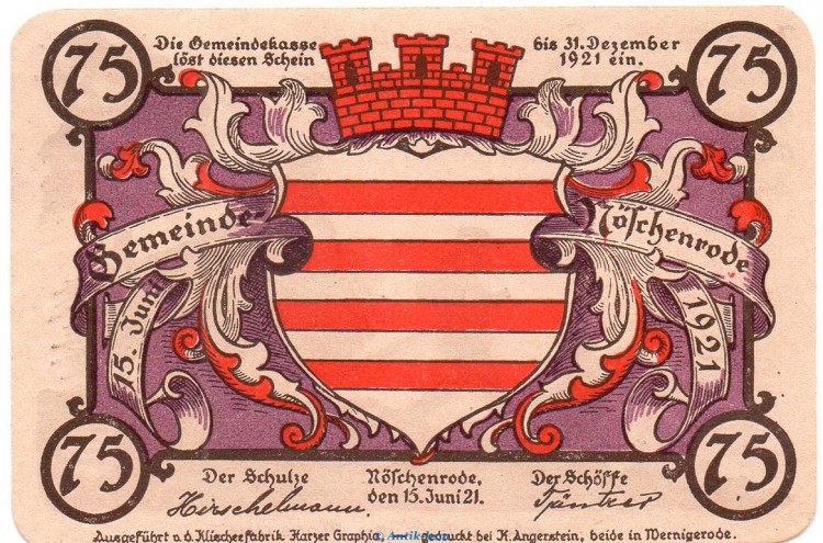Notgeld Gemeinde Nöschenrode 980.10 , 75 Pfennig Schein Nr 5 violett von 1921 , Sachsen Anhalt Seriennotgeld