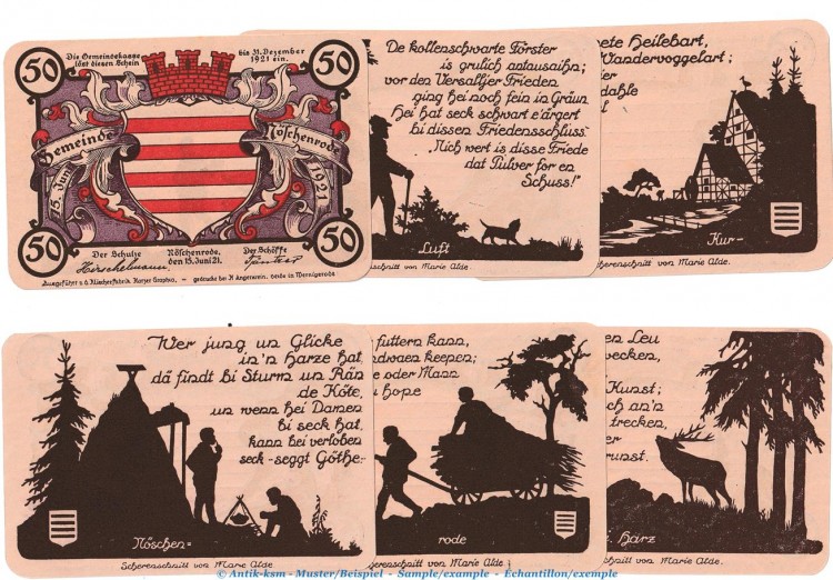 Notgeld Gemeinde Nöschenrode 980.10 , Set -Violett- mit 6 Scheinen in kfr. von 1921 , Sachsen Anhalt Seriennotgeld
