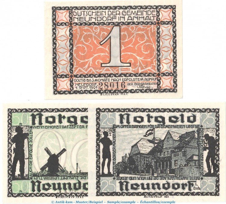 Notgeld Gemeinde Neundorf 955.1.a , Set mit 3 Scheinen in kfr. von 1921 , Sachen Anhalt Seriennotgeld