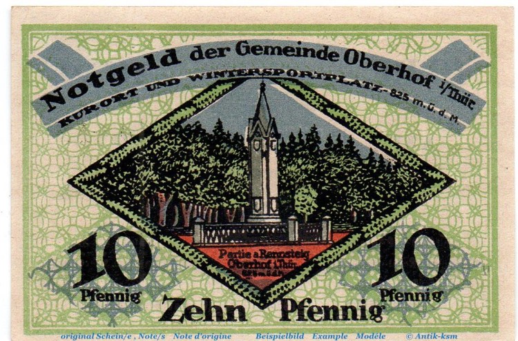 Notgeld Gemeinde Oberhof 996.3 , 10 Pfennig Nr 6 , Wz Flämmchen , in kfr. von 1919 , Thüringen Seriennotgeld