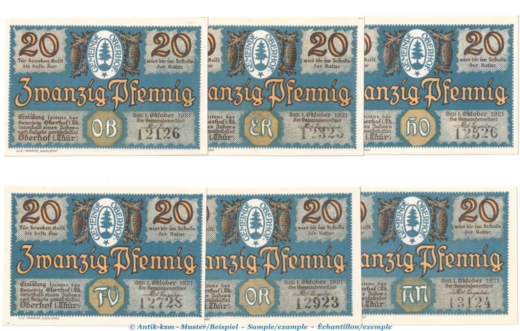 Notgeld Gemeinde Oberhof 996.4 , Set mit 6 Scheinen 20 Pf. in kfr. von 1921 , Thüringen Seriennotgeld
