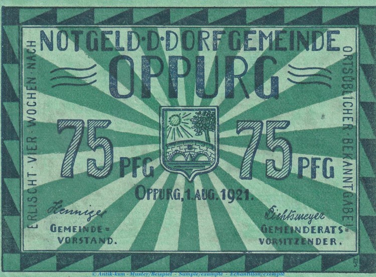 Notgeld Gemeinde Oppurg 1023.1.a , 75 Pfennig Schein o.Drfa. in kfr. von 1921 , Thüringen Seriennotgeld