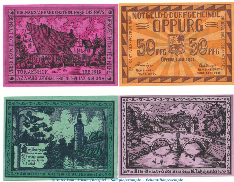 Notgeld Gemeinde Oppurg 1023.1.a , 90 x 65 Set mit 4 Scheinen o.Drfa in kfr. von 1921 , Thüringen Seriennotgeld