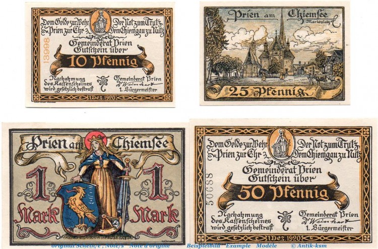 Notgeld Gemeinde Prien 1074.2 , Set mit 4 Scheinen in kfr. von 1920 , Bayern Seriennotgeld