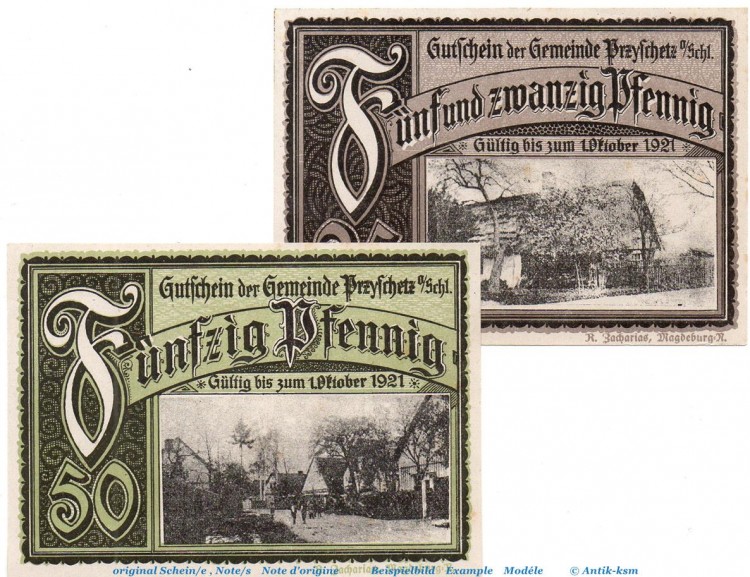 Notgeld Gemeinde Przyschetz 1080.1 , Set mit 2 Scheinen in kfr. o.D. Schlesien Seriennotgeld