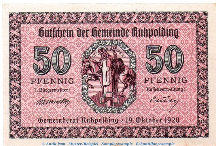 Notgeld Gemeinde Ruhpolding 6305.05.04 , 50 Pfennig Schein in kfr. von 1920 , Bayern Verkehrsausgabe