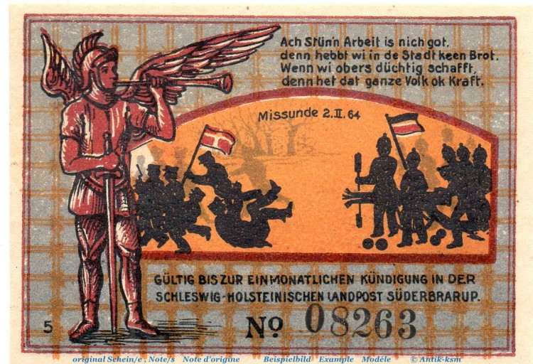 Notgeld Gemeinde Süderbrarup 1294.7.e , 50 Pfennig Kanone gesprengt in kfr. o.D. Schleswig Holstein Seriennotgeld