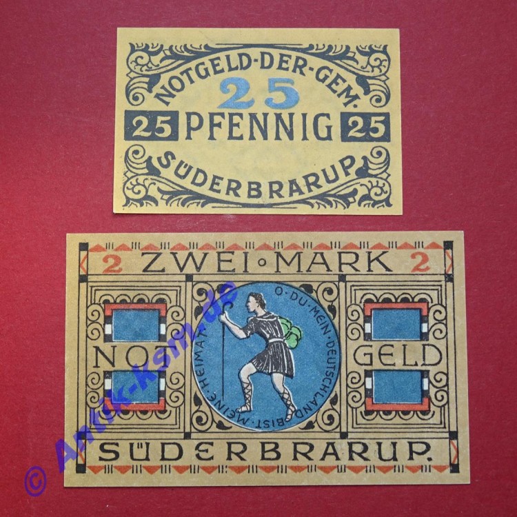 Notgeld Gemeinde Süderbrarup , Schleswig Holstein , vollständiger Satz mit 2 Scheinen in kassenfrischer Erhaltung , Seriennotgeld , 1294.1 , von 1920