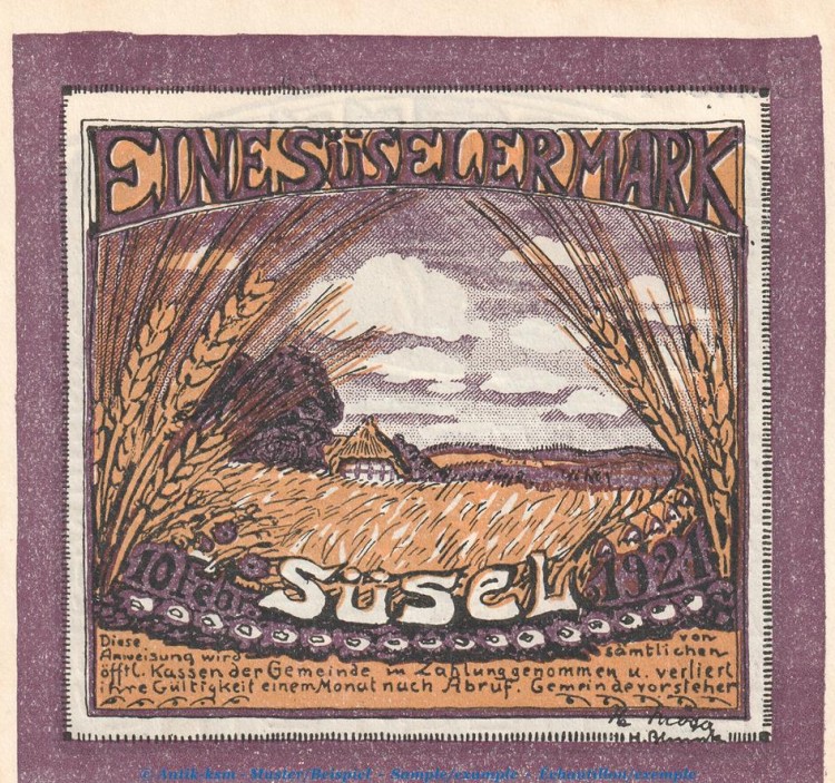 Notgeld Gemeinde Süsel 1300.1 , 100 Pfennig Schein in kfr. von 1921 , Schleswig Holstein Seriennotgeld