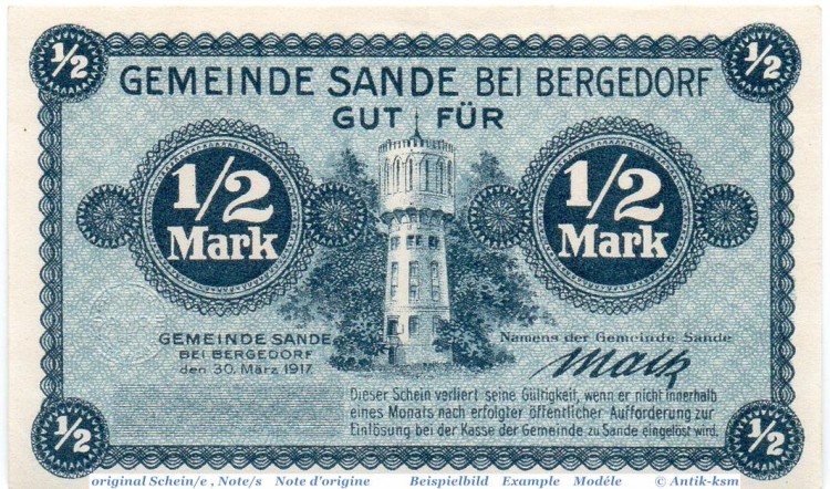 Notgeld Gemeinde Sande , 0,5 Mark Musterschein o. Kn in kfr. 6395.05.01.M , von 1917 , Schleswig Holstein Verkehrsausgabe