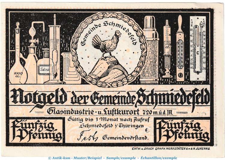 Notgeld Gemeinde Schmiedefeld , 50 Pfennig -Gelb-rosa- Nr.1 in kfr. o.D. , Thüringen Seriennotgeld