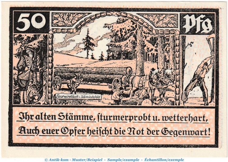 Notgeld Gemeinde Schmiedefeld , 50 Pfennig -Gelb-rosa- Nr.1 in kfr. o.D. , Thüringen Seriennotgeld