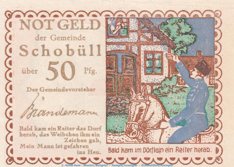 Notgeld Gemeinde Schobüll 1194.5 , 50 Pfennig Schein Nr.3 in kfr. o.D. Schleswig Holstein Seriennotgeld