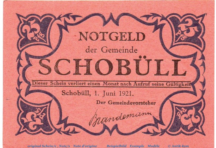 Notgeld Gemeinde Schobüll 1194.7.b , 25 Pfennig Schein rot in kfr. von 1921 , Schleswig Holstein Seriennotgeld