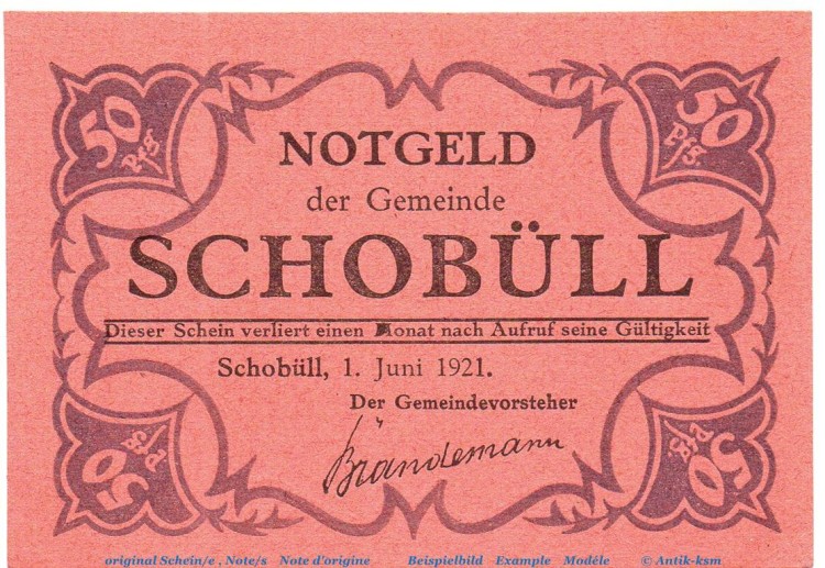 Notgeld Gemeinde Schobüll 1194.7.b , 50 Pfennig Schein rot in kfr. von 1921 , Schleswig Holstein Seriennotgeld