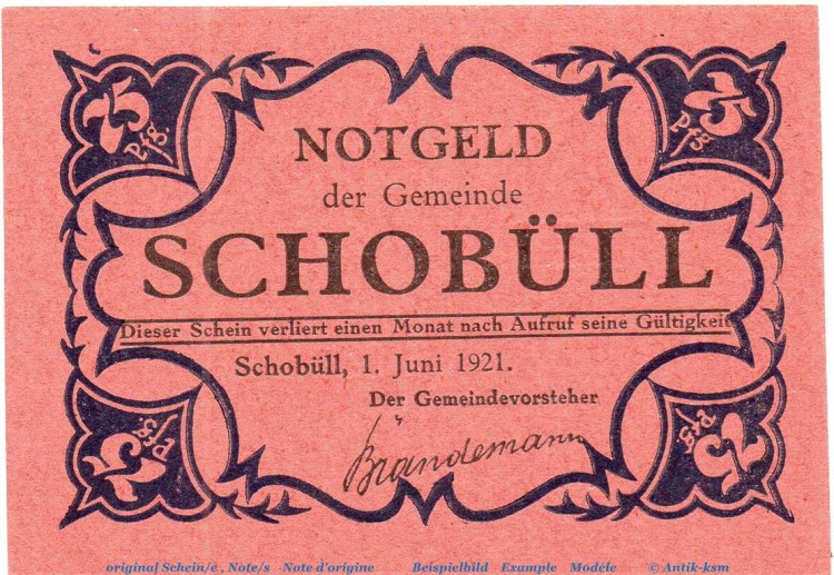 Notgeld Gemeinde Schobüll 1194.7.b , 75 Pfennig Schein rot in kfr. von 1921 , Schleswig Holstein Seriennotgeld