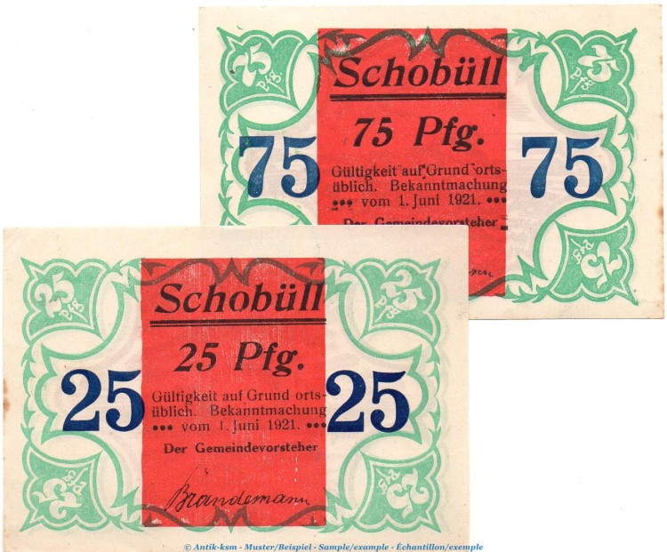 Notgeld Gemeinde Schobüll 1194.9 , Set mit 2 Scheinen in kfr. von 1921 , Schleswig Holstein Seriennotgeld
