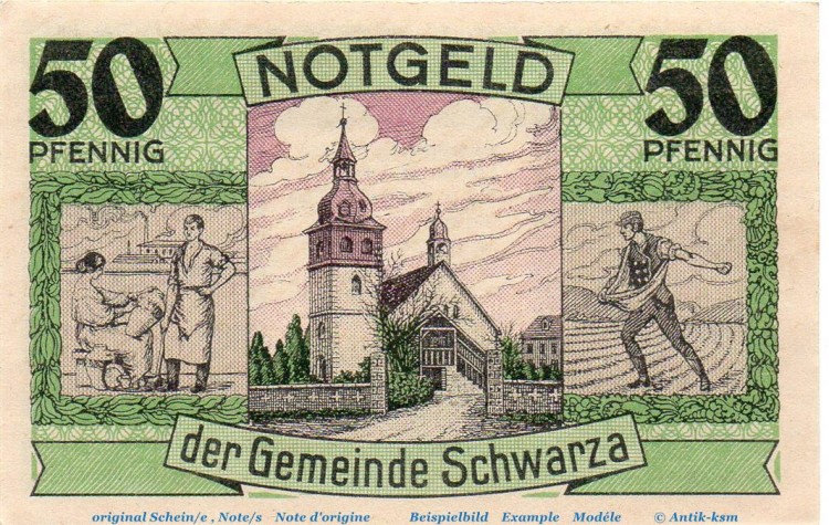 Notgeld Gemeinde Schwarza 1207.2 , 50 Pfennig Schein in kfr. von 1921 , Thüringen Seriennotgeld