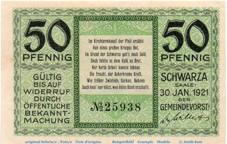 Notgeld Gemeinde Schwarza 1207.2 , 50 Pfennig Schein in kfr. von 1921 , Thüringen Seriennotgeld