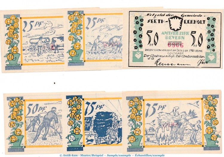 Notgeld Gemeinde Seeth Eckholt 1217.1 , Set mit 6 Scheinen in kfr. o.D. Schleswig Holstein Seriennotgeld