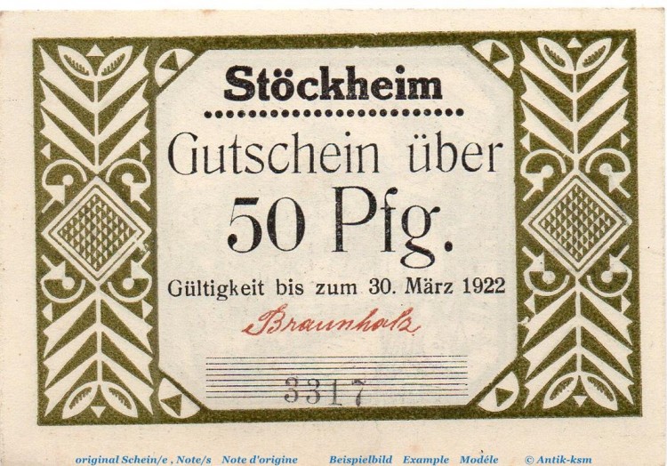 Notgeld Gemeinde Stöckheim , 1272.2 , 50 Pfennig Schein Nr 3 , o.D. Niedersachsen Seriennotgeld