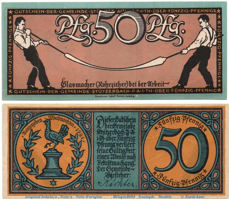 Notgeld Gemeinde Stützerbach 1286.1.a , 50 Pfennig Schein lang in kfr. von 1921 , Thüringen Seriennotgeld