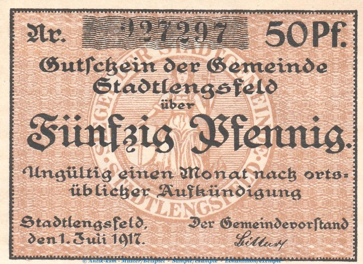 Notgeld Gemeinde Stadtlengsfeld , 50 Pfennig Schein in kfr. Tieste 7055.05.32 von 1917 , Sachsen Verkehrsausgabe