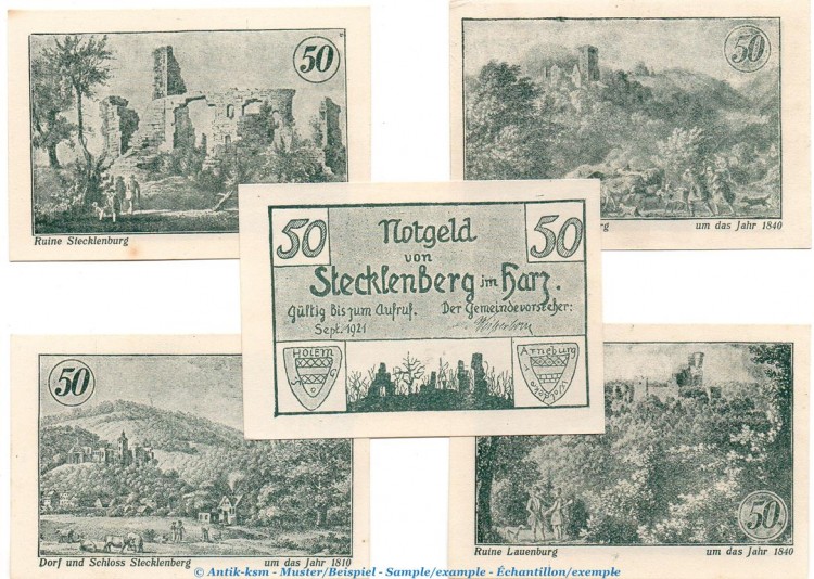 Notgeld Gemeinde Stecklenberg 1258.2 , Set mit 5 Scheinen in kfr. von 1921 , Sachsen Anhalt Seriennotgeld